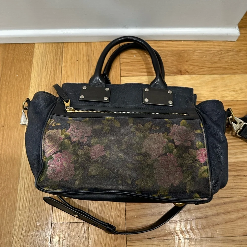 Rag & Bone Pilot Bag in blue leather with a floral print pocket small satchel